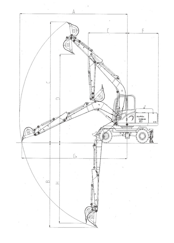 k8凯发国际DLS880-9A 7.2吨轮式液压挖掘机工作范围